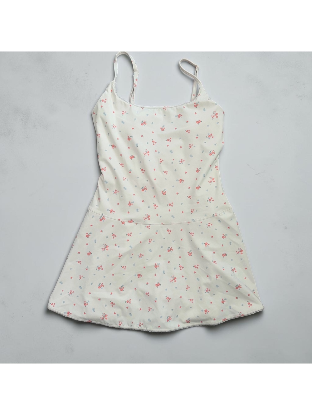 Vintage Floral Print White Mini Dress- Lace Trim Size S